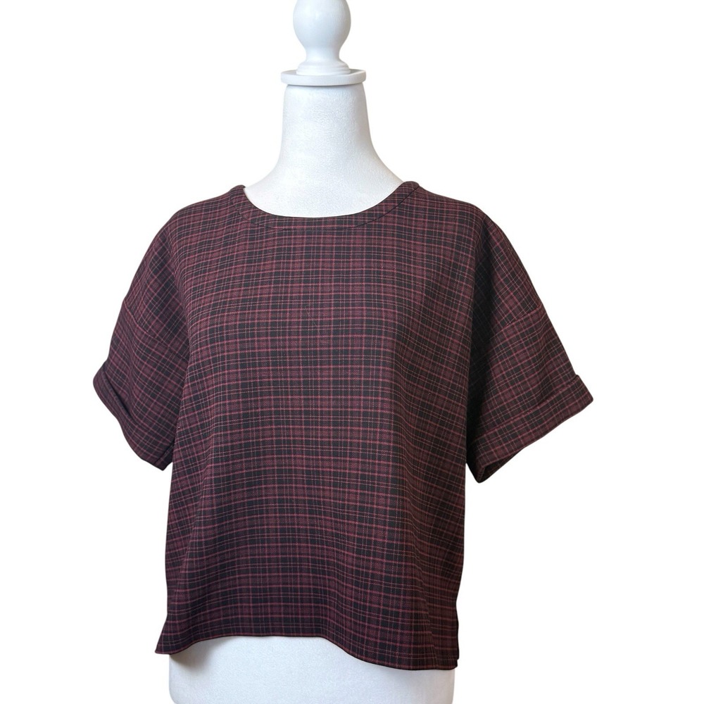 Madewell Red Black Plaid Boxy Top Medium Cuffed Sleeves Heritage Twee Academia